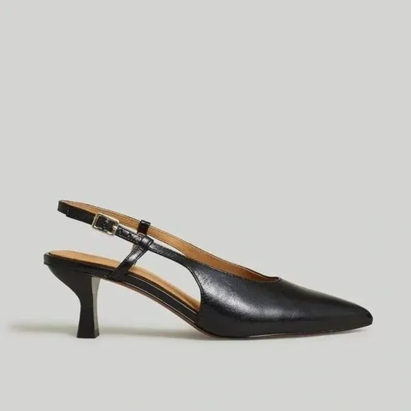 NEW Madewell Debbie Slingback Pump Black Leather Point Toe Kitten Heels Sz 9.5