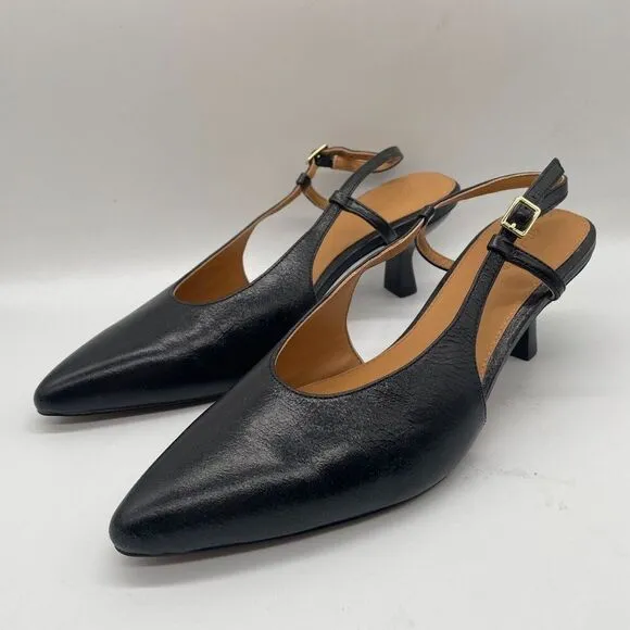 NEW Madewell Debbie Slingback Pump Black Leather Point Toe Kitten Heels Sz 9.5