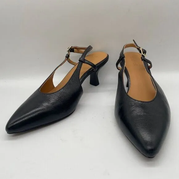 NEW Madewell Debbie Slingback Pump Black Leather Point Toe Kitten Heels Sz 9.5