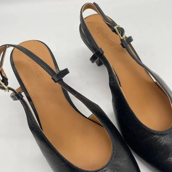 NEW Madewell Debbie Slingback Pump Black Leather Point Toe Kitten Heels Sz 9.5
