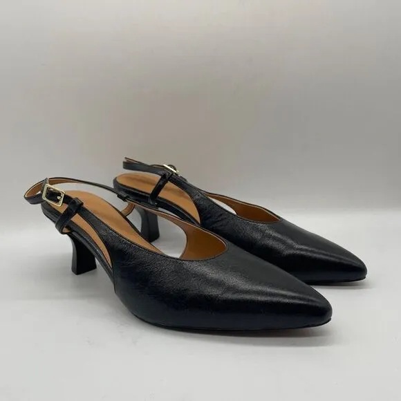 NEW Madewell Debbie Slingback Pump Black Leather Point Toe Kitten Heels Sz 9.5