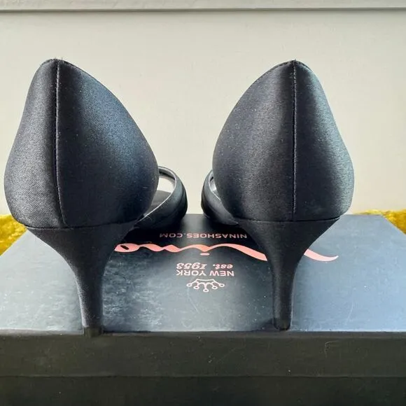 Nia Black Satin Peep Toe Kitten Heels NWT 6.5