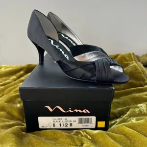 Nia Black Satin Peep Toe Kitten Heels NWT 6.5