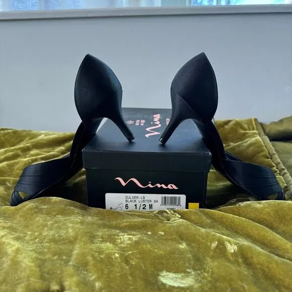 Nia Black Satin Peep Toe Kitten Heels NWT 6.5