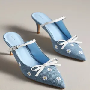 NIB Anthropologie Maeve Bow Denim Flower Daisy Embroidery Kitten Heel Mules Sz 7