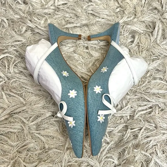 NIB Anthropologie Maeve Bow Denim Flower Daisy Embroidery Kitten Heel Mules Sz 7