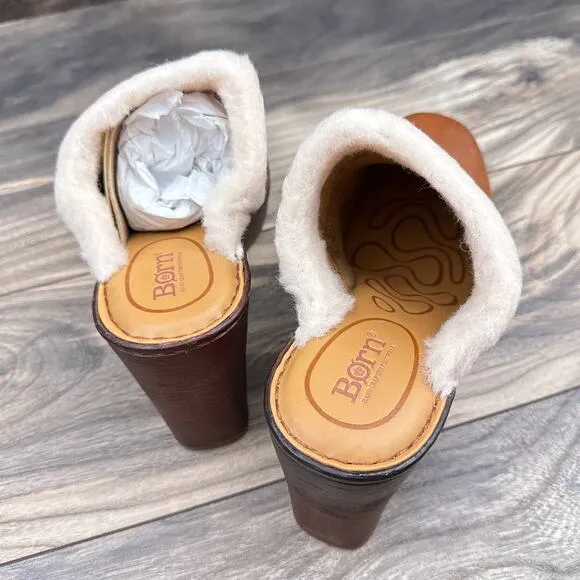 NIB Born Hope 8M Shearling-Lined Open Back Heeled Leather Clogs Brown Tan