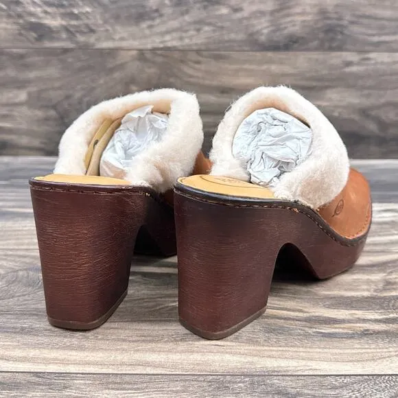 NIB Born Hope 8M Shearling-Lined Open Back Heeled Leather Clogs Brown Tan