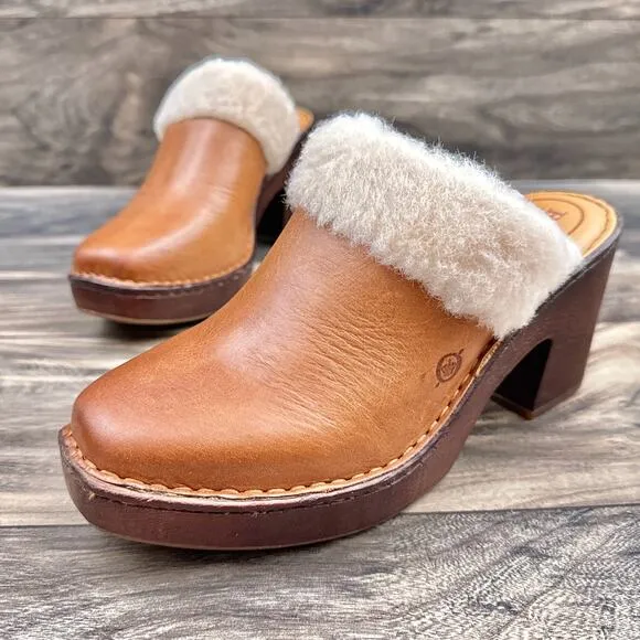 NIB Born Hope 8M Shearling-Lined Open Back Heeled Leather Clogs Brown Tan
