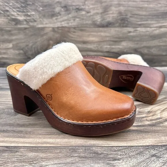 NIB Born Hope 8M Shearling-Lined Open Back Heeled Leather Clogs Brown Tan