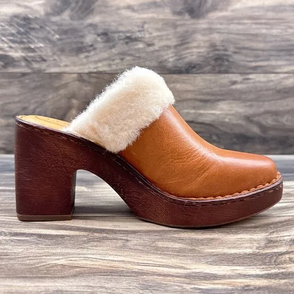 NIB Born Hope 8M Shearling-Lined Open Back Heeled Leather Clogs Brown Tan