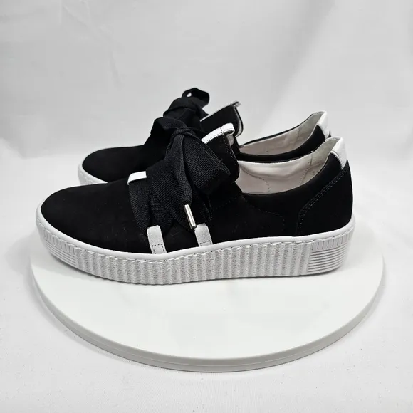 NIB Gabor Bow Sneaker 43.333 Platform Lace Up Ribbon Suede Black White 6 3.5
