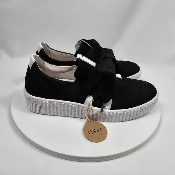 NIB Gabor Bow Sneaker 43.333 Platform Lace Up Ribbon Suede Black White 6 3.5
