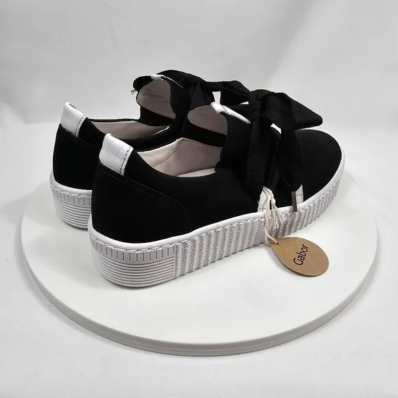 NIB Gabor Bow Sneaker 43.333 Platform Lace Up Ribbon Suede Black White 6 3.5