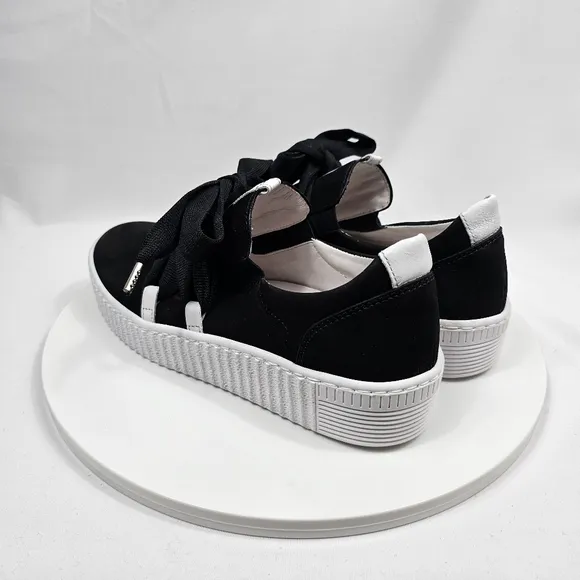 NIB Gabor Bow Sneaker 43.333 Platform Lace Up Ribbon Suede Black White 6 3.5