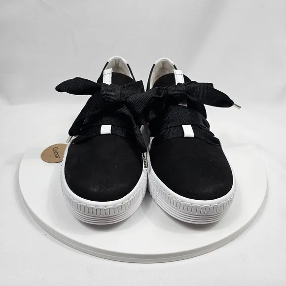 NIB Gabor Bow Sneaker 43.333 Platform Lace Up Ribbon Suede Black White 6 3.5