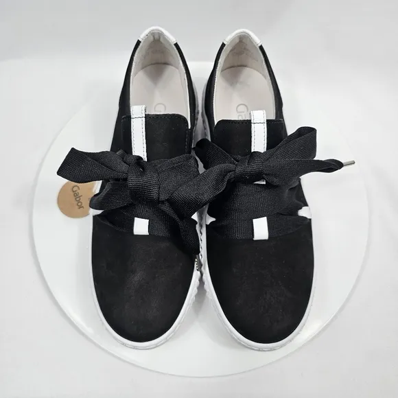 NIB Gabor Bow Sneaker 43.333 Platform Lace Up Ribbon Suede Black White 6 3.5