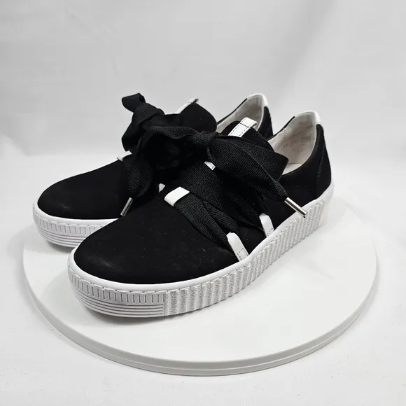 NIB Gabor Bow Sneaker 43.333 Platform Lace Up Ribbon Suede Black White 6 3.5