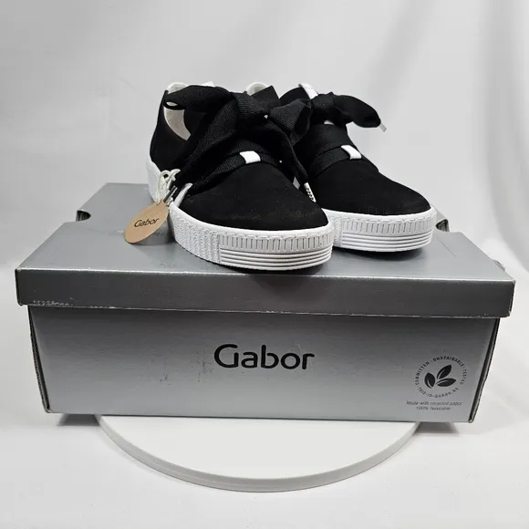 NIB Gabor Bow Sneaker 43.333 Platform Lace Up Ribbon Suede Black White 6 3.5