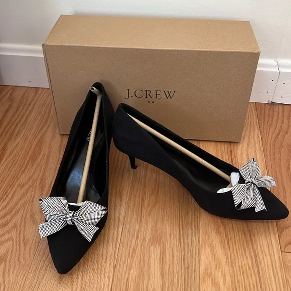 NIB! J . Crew outlet women’s SZ 9 , black crystal bow kitten heels.