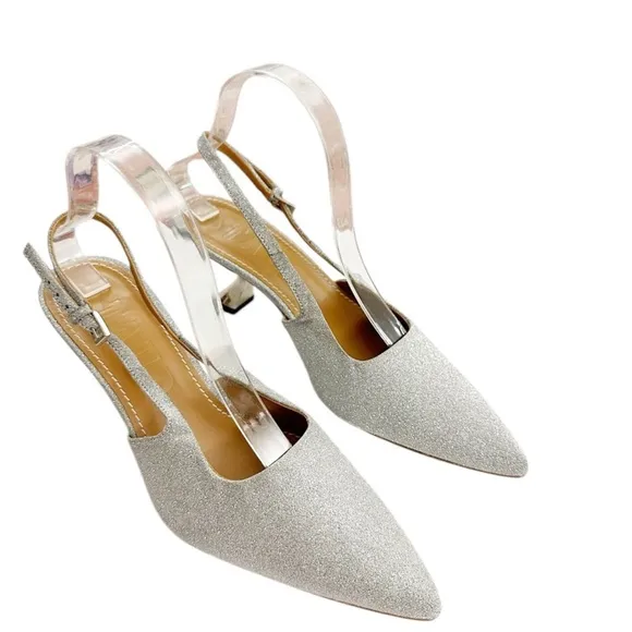 NIB STAUD Neve Kitten Heels Slingback in SilverDiamond Size 9
