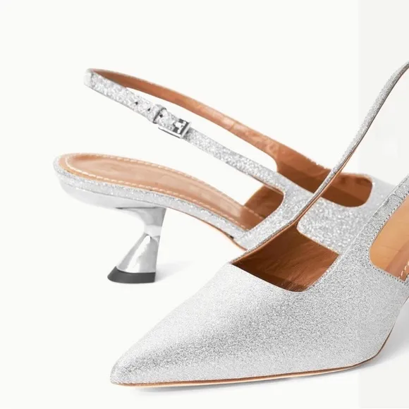 NIB STAUD Neve Kitten Heels Slingback in SilverDiamond Size 9