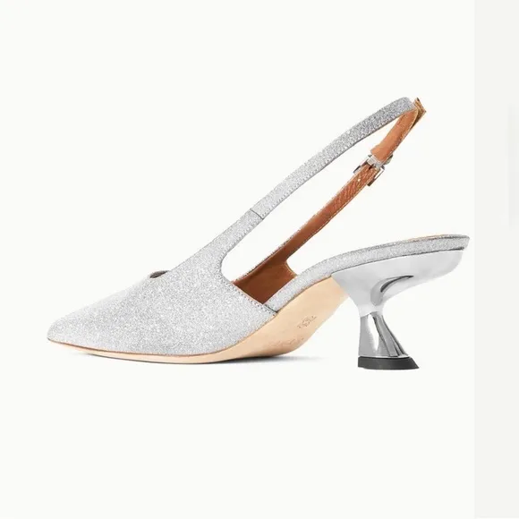 NIB STAUD Neve Kitten Heels Slingback in SilverDiamond Size 9