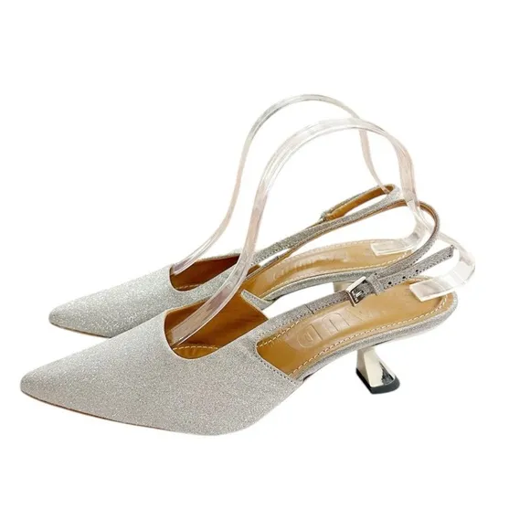 NIB STAUD Neve Kitten Heels Slingback in SilverDiamond Size 9