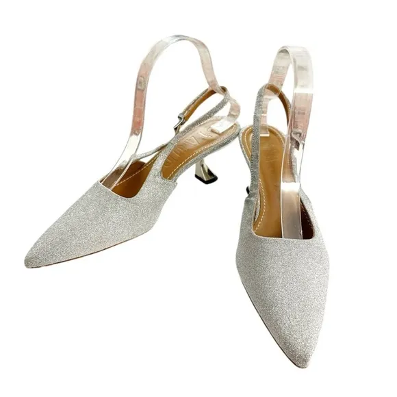 NIB STAUD Neve Kitten Heels Slingback in SilverDiamond Size 9