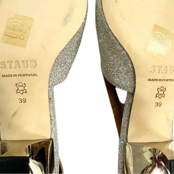 NIB STAUD Neve Kitten Heels Slingback in SilverDiamond Size 9