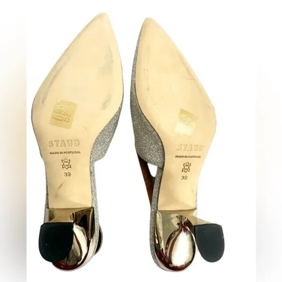 NIB STAUD Neve Kitten Heels Slingback in SilverDiamond Size 9