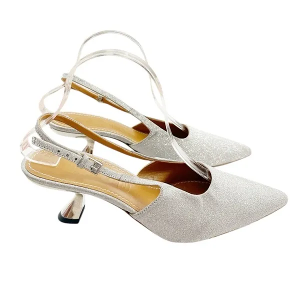 NIB STAUD Neve Kitten Heels Slingback in SilverDiamond Size 9