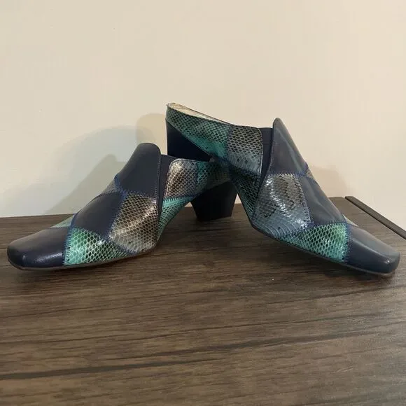 NIB Vintage Bellini Zilya Genuine Snake &amp; Leather Navy Blue Turquoise Womens 10M