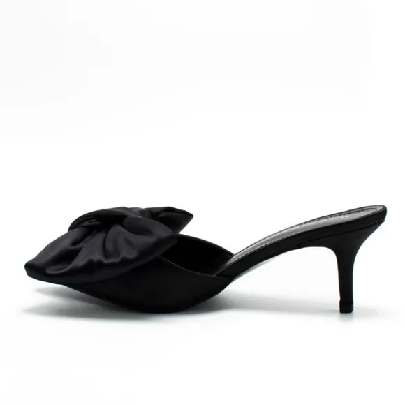 NIB WOMEN'S BLACK SATIN BOW KITTEN HEELS
