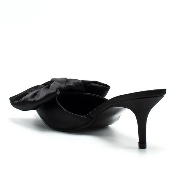 NIB WOMEN'S BLACK SATIN BOW KITTEN HEELS