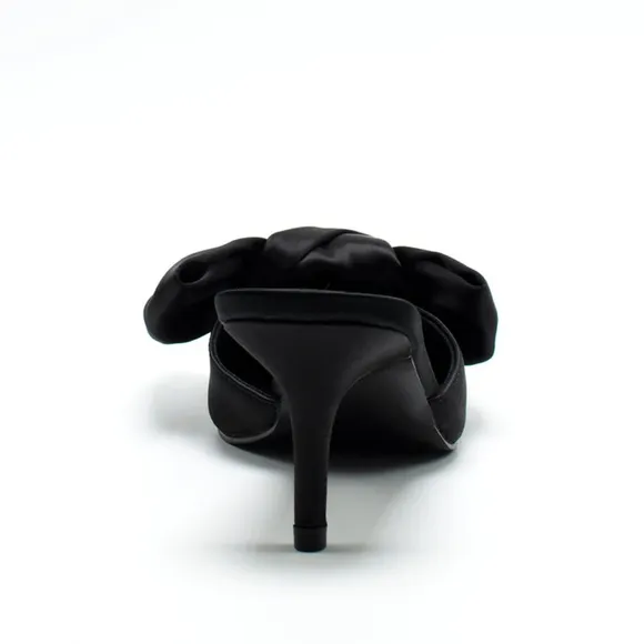 NIB WOMEN'S BLACK SATIN BOW KITTEN HEELS