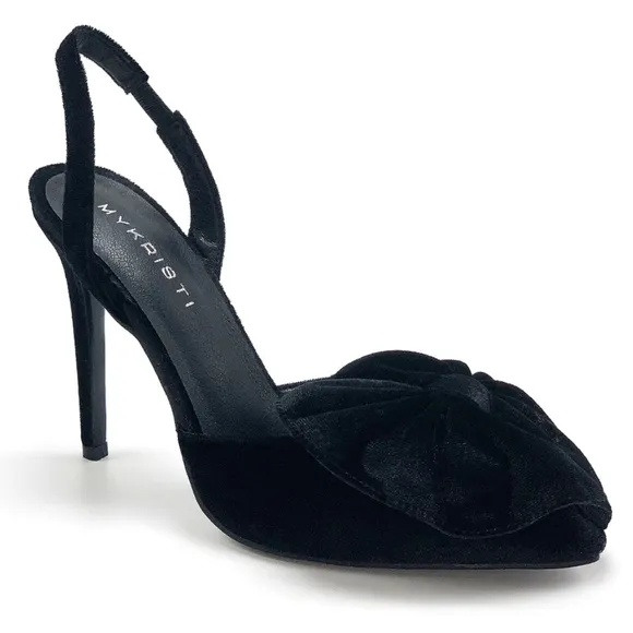 NIB WOMEN'S BLACK VELVET BOW SLINGBACK HIGH HEELS