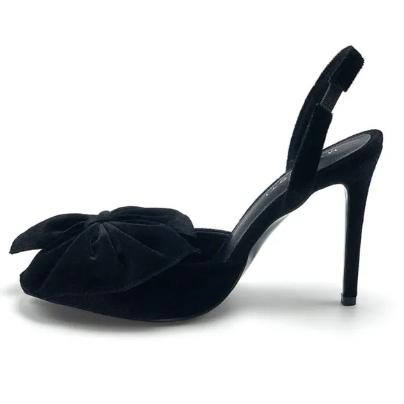 NIB WOMEN'S BLACK VELVET BOW SLINGBACK HIGH HEELS