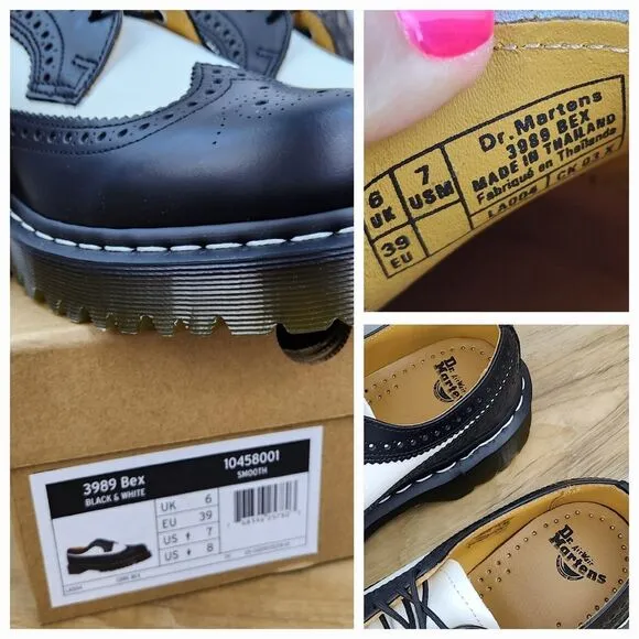 ☔️🩵NIB Dr. Martens 3989 Black &amp; White Bex Smooth Leather Brogue Oxfords Size 8