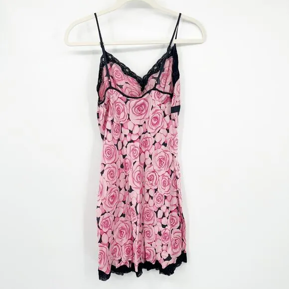 NICK &amp; NORA Womens 100% Silk Coquette Floral Rose Print Pajama Slip Dress Size S