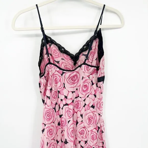 NICK &amp; NORA Womens 100% Silk Coquette Floral Rose Print Pajama Slip Dress Size S