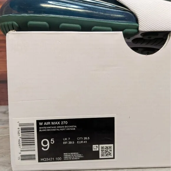Nike Air Max 270 Women's 9.5 White Vintage Green Bicoastal Shoes HQ3421-100