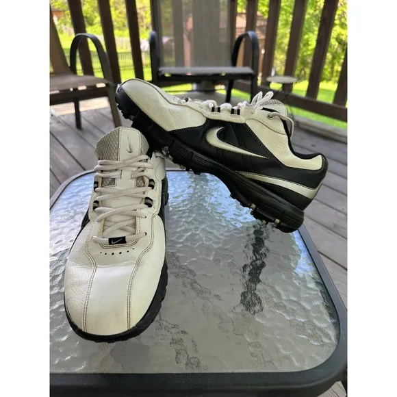 Nike Golf Shoes Spiked Leather Comfort Athletic White Black Mens Size 10.5