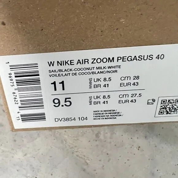 Nike Pegasus 40 DV3854-104 Sail White Black Running Shoes Women's 11 / Mens 9.5
