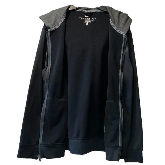 Nike Therma Dri-Fit Zip Up Hooded Coat Performance Jacket Black Gray Size Medium
