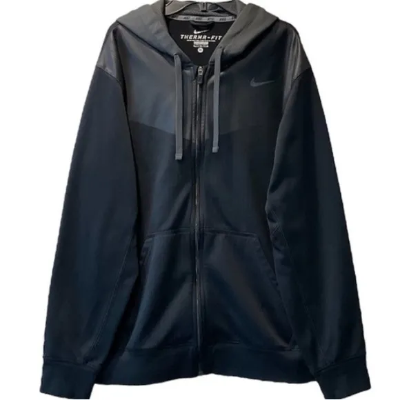 Nike Therma Dri-Fit Zip Up Hooded Coat Performance Jacket Black Gray Size Medium