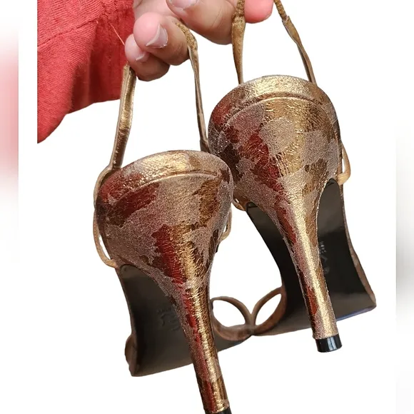 ❤️Nina Bronze Golden Brown Rhinestone Bedazzled Foil Camouflage Kitten Heels☆