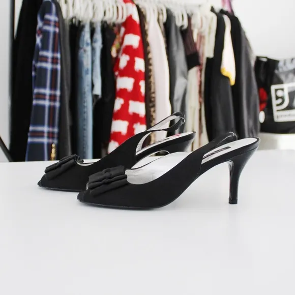 Nina Laraine Satin Slingback Peep Toe Heels with Bow Accent