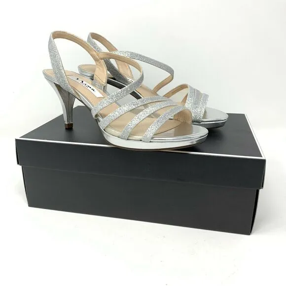 Nina Women’s Nazima Open Toe Slingback Heels Silver Glitter Size 6M