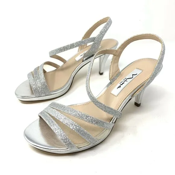 Nina Women’s Nazima Open Toe Slingback Heels Silver Glitter Size 6M